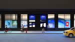 Nachtelijke straatscène met een 'House of Fresh'-etalage met verlichte displays voor Degree, Dove en Dove Men+Care. Schappen vol producten vullen de ramen, voorbijgangers lopen op straat, één persoon fietst en een ander maakt een foto, terwijl een gele taxi op de voorgrond voorbijrijdt.