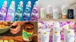 Een vier-delige collage met verschillende Unilever-producten: vijf kleurrijke flessen Persil Wonder Wash-wasmiddel; minimalistische verpakkingen van Nutrafol-voedingssupplementen tegen een beige achtergrond; iemand die met de hand eten opschept naast een pot Knorr-kruidenmix; en Dove Whole Body Deo-producten tentoongesteld tussen roze en witte bloemen.