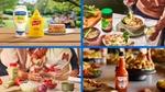 Een collage van vier scènes met een culinair thema. Op één paneel staan Hellmann’s Real Mayonnaise en French’s Classic Yellow Mustard naast een belegde sandwich op een buitentafel. Een ander paneel toont kommen noedelsoep die worden geserveerd met een pot Knorr-kruiden op tafel. Een derde paneel toont voedselingrediënten die worden bereid op een keukenwerkblad. Het laatste paneel toont een fles Frank’s RedHot Original Cayenne Pepper Sauce op een aanrecht met opgediende gerechten en brood op de achtergrond.